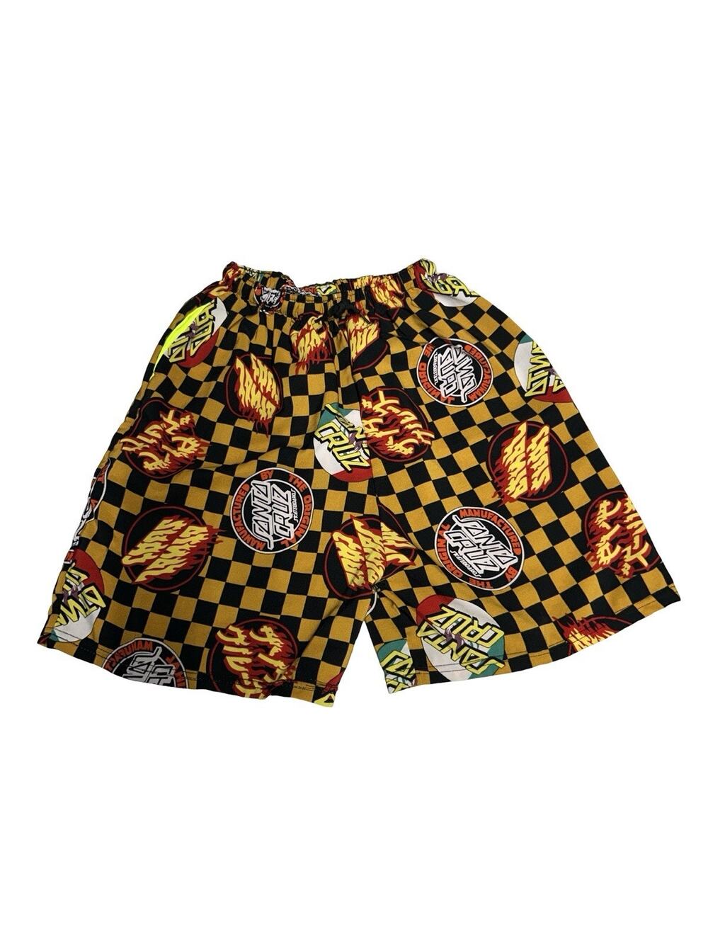 Santa Cruz Youth Medium Checkered Board Shorts Black Yellow Drawstring Skate Y2K